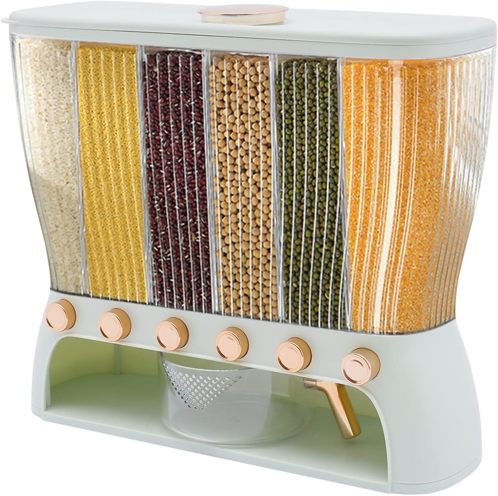 6 Grids Grain Dispenser 22.05 Pounds Rice Dispenser Multi Cereal Dispenser Dry Food Dispenser Storage Containers for Store Flour, Sugar, Rice, Cereals, Nuts, Beans, Coffee (Light Green)