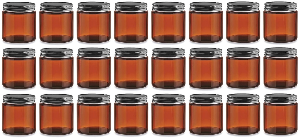 North Mountain Supply 4 Ounce Amber Glass Straight Sided Mason Canning Jars - with 58mm Black Metal Lids - Case of 24