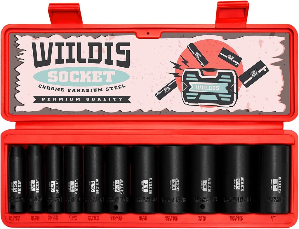 11 Pieces 3/8-Inch Drive Deep Impact Socket Set, 5/16 to 1 inch, CR-V, SAE, 6 Point, Deep, 11 Pieces 3/8" Dr. Socket