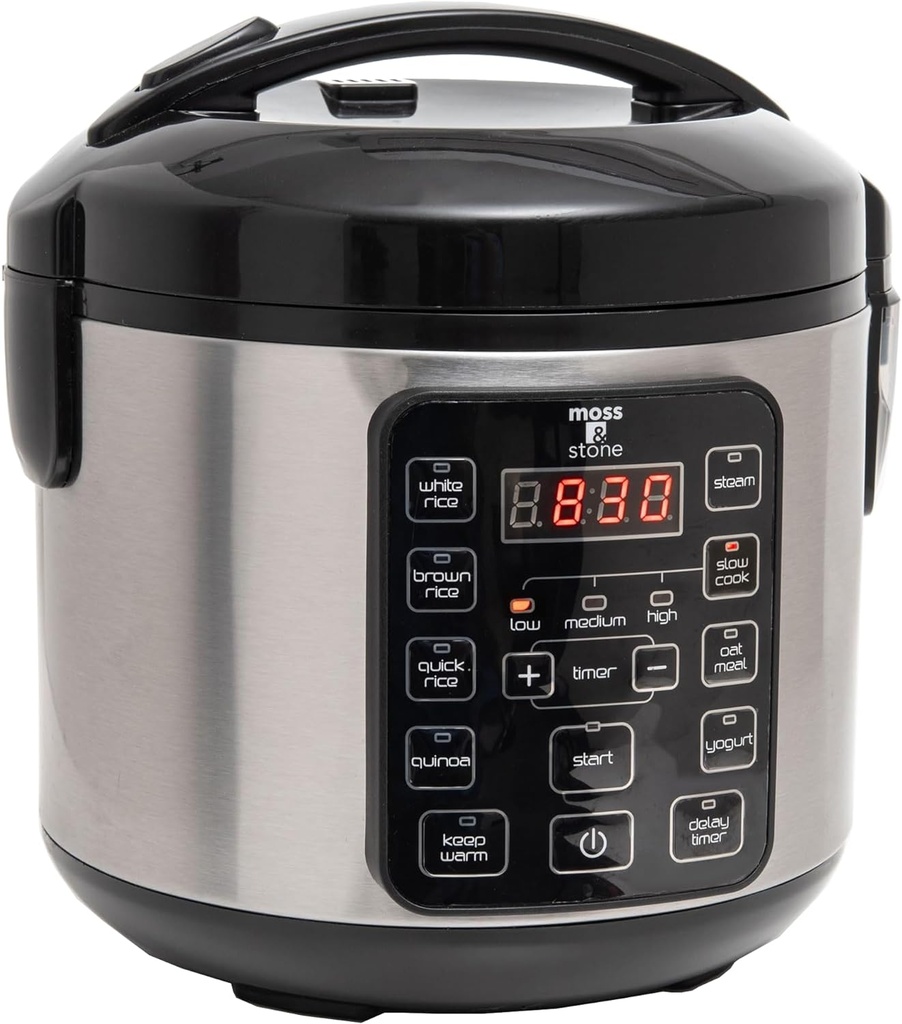 Moss & Stone - Small Digital Electric Rice Cooker, 4-8 Cups, 10 Preset Settings, Brown and White Rice Steamer, Slow Cooker with Steamer for Vegetables, Pot