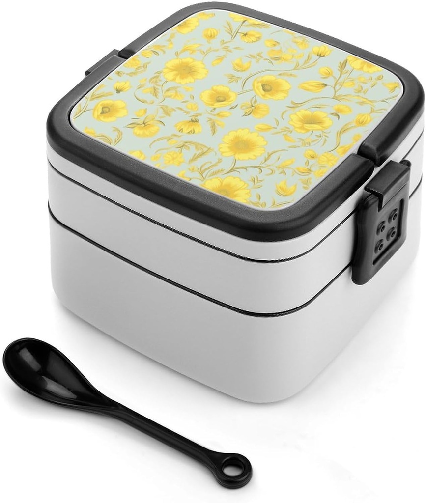 Yellow Flower Bento Box Double Layer Lunch Box for Adults with Spoon And Handle Stackable Lunchbox Leakproof Lunch Container for Work Picnic Travel