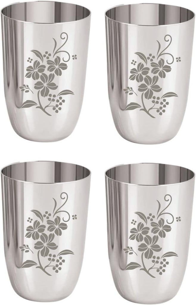 Neelam Stainless Steel 7 18G Lazer Etching Glass New Juicy, 300 ml, Silver, Set of 4
