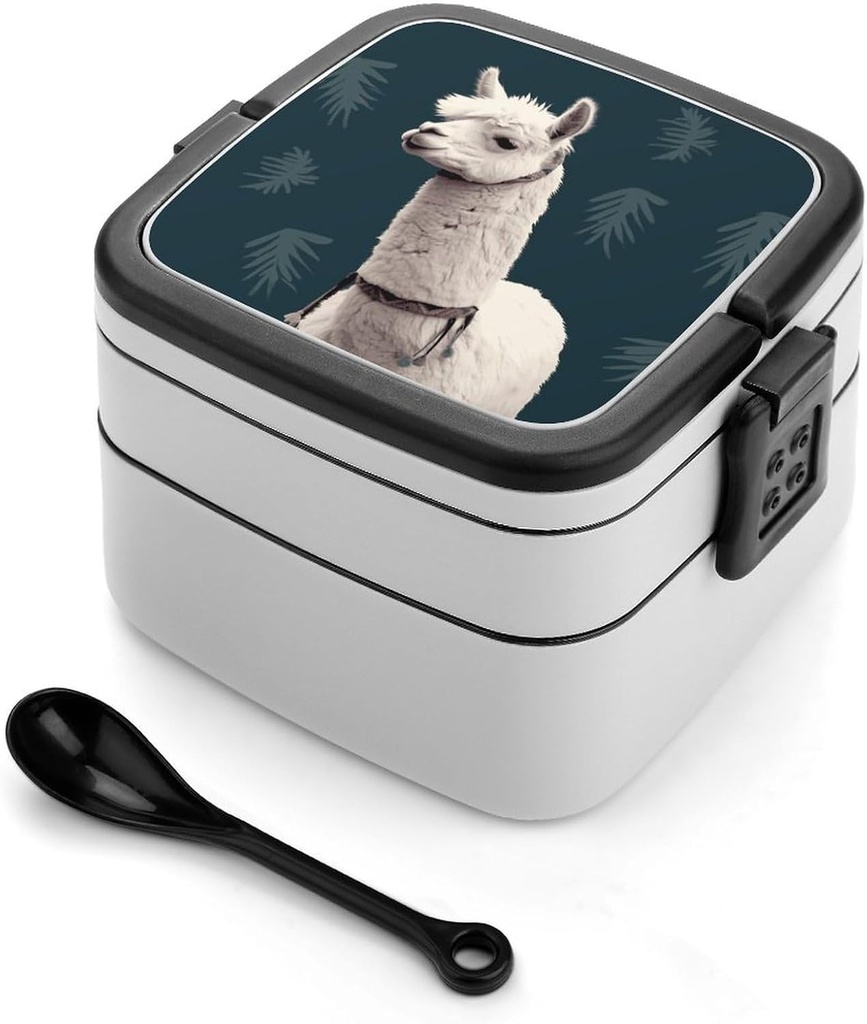 Alpaca Llama Bento Box with Spoon, 2-layer Stackable Lunch Box Leak Proof with Invisible Handle, Insulated Food Storage for Office, Picnic & Travel