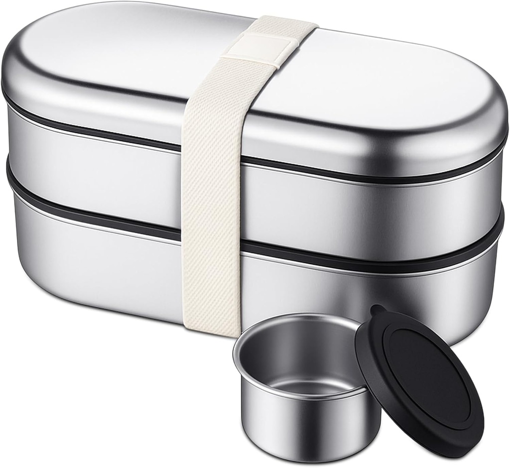 LemonRoad Stainless Steel Bento Box for Adult & Dip Container, leak proof, Microwavable, Stackable Japanese Bento Lunchbox, 47 OZ Metal Lunch Box