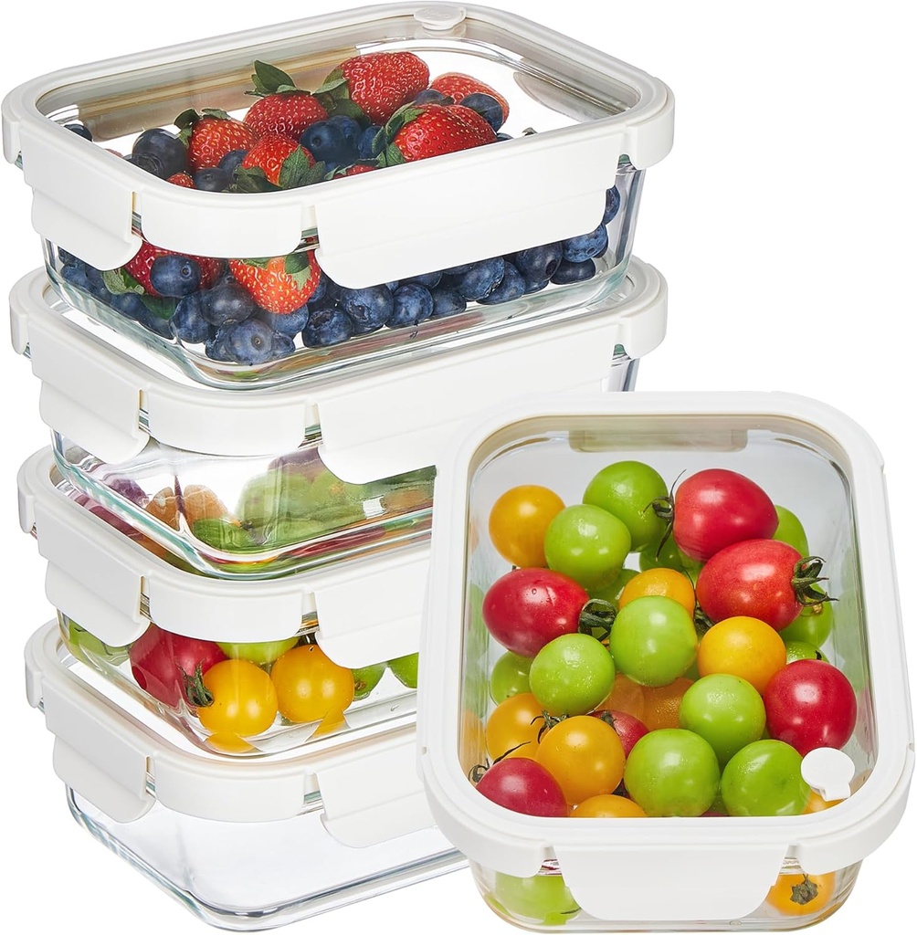 Vtopmart 5 Pack 35oz Glass Food Containers with Glass-Lids & Air Vent, Meal Prep Food Container Sets, Reusable Lunch box for leftovers, Save for Microwave, Oven, Freezer, and Dishwasher, BPA Free