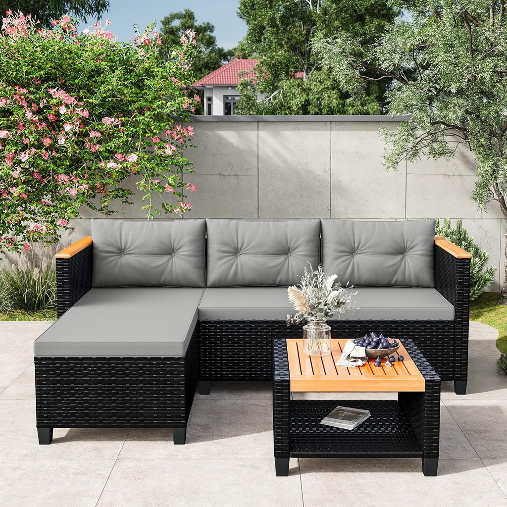 Wisteria Lane 3-Piece Patio Furniture Set, All-Weather PE Rattan Outdoor Sectional with Storage Table, L Shape Outdoor Couch with Cushions, Small Wicker Patio Furniture for Balcony Garden, Grey
