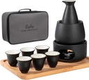 Bgbg Ceramic Sake Set with Warmer Pot Bamboo Tray-Traditional Japanese Pottery Hot Saki Set 11-Piece including 1 Sake Pot,6 Sake Cups，1 Warming Mug，1 Candle Stove, 1 Candle Tea Light Holder and 1 Tray