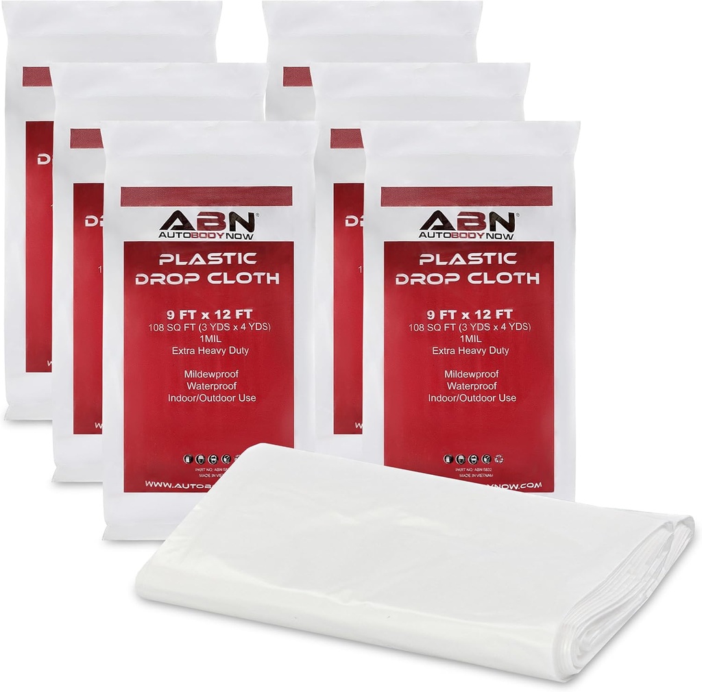 White Clear Plastic Drop Cloth 6-Pack Set, 9 x 12ft – Car Painters Protector, Floor Paint Spill Painting Protection