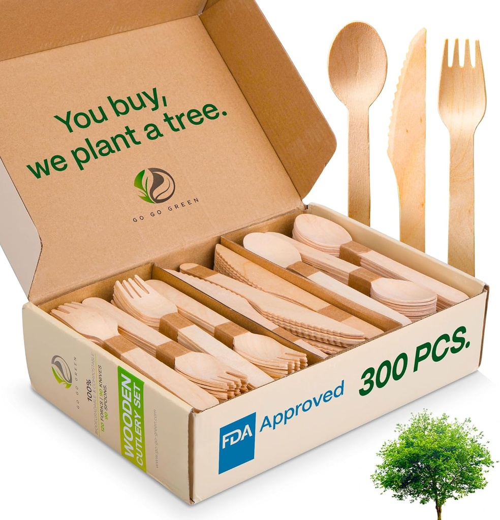 100% Compostable Cutlery Set - 300 Pieces Wooden Compostable Utensils [120 Forks, 90 Knives, 90 Spoons] - Disposable Wooden Cutlery, Eco Friendly Forks And Spoons Disposable Cutlery Set Party Utensils