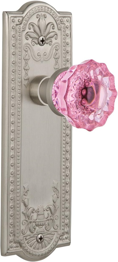 Nostalgic Warehouse Satin Nickel, 724597 Meadows Plate Crystal Pink Glass Door Knob, Privacy 2.375