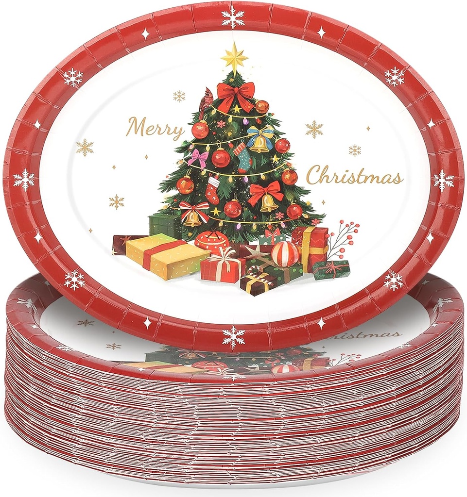 50 Pcs Christmas Paper Platters Disposable Christmas Tree & Gift Oval Paper Plates - 9" X 11" Large Xmas Dinner Serving Platters Tableware Set - For Winter Xmas Party Holiday Supplies