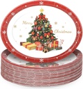 50 Pcs Christmas Paper Platters Disposable Christmas Tree & Gift Oval Paper Plates - 9" X 11" Large Xmas Dinner Serving Platters Tableware Set - For Winter Xmas Party Holiday Supplies
