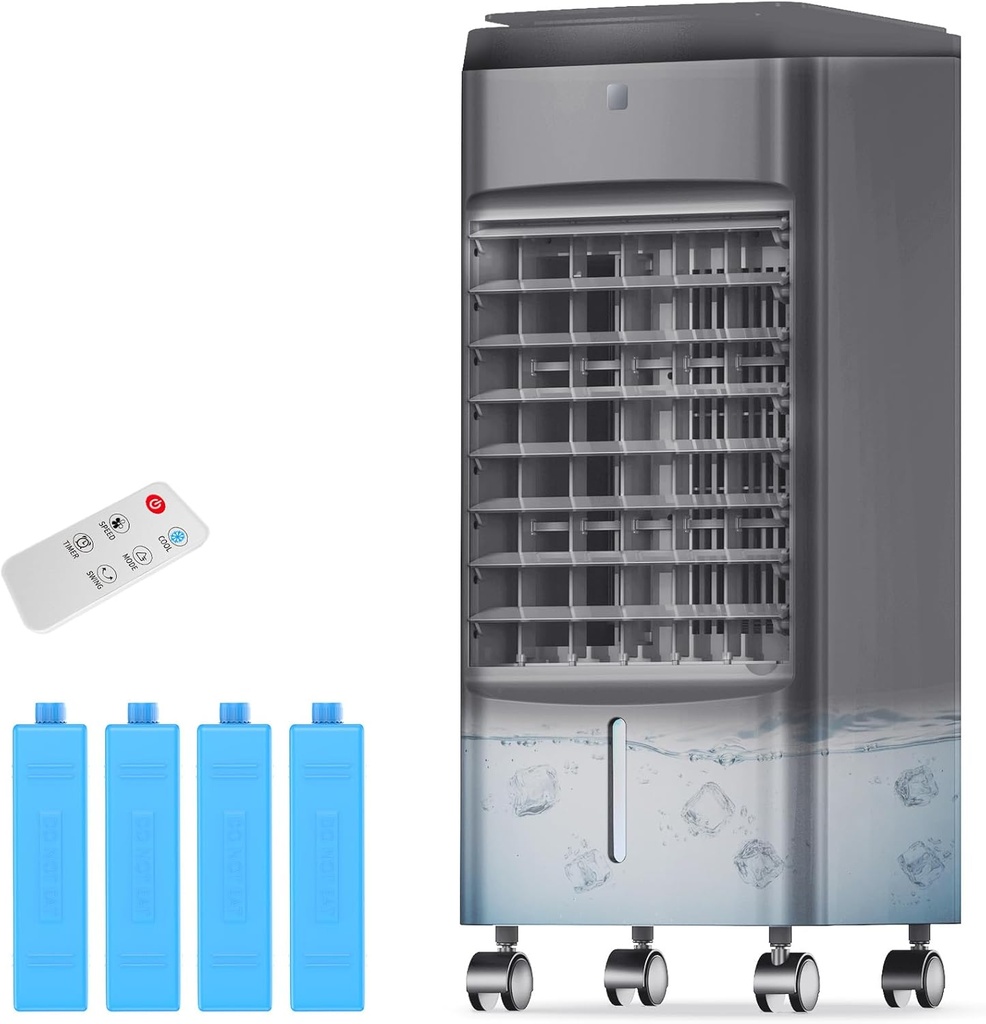 NOMEY 3-IN-1 Portable Air Conditioners,Smart Timer, 4 Ice Packs, Waterless Alert System, 4 Modes & 3 Speeds, Smart Remote, 70°Oscillation Windowless Swamp Cooler Air Conditioner Portable for Room