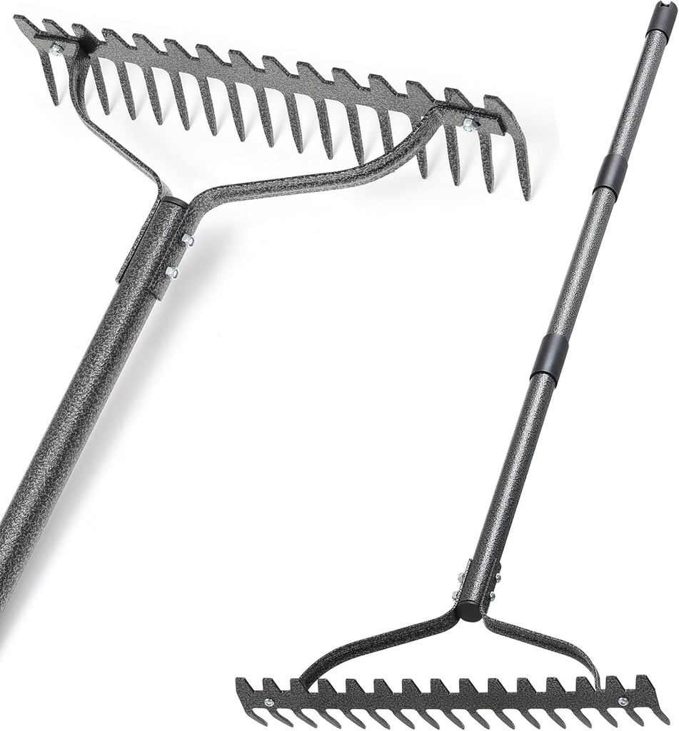 Thatch Rake, 63" Heavy Duty Metal Lawn Leveling Rake with 17 Tines, Garden Tool with Adjustable Long Handle for Looseing Soil, Weede Control