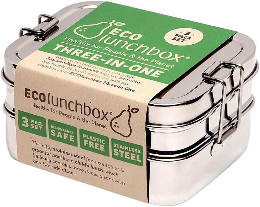 ECOlunchbox Three?in?One Stainless Steel Bento Box (31?oz) – 3?Piece Nesting Lunch Container with Snack Pod – Plastic?Free, Non?Toxic, Dishwasher?Safe, Not Leak-Proof