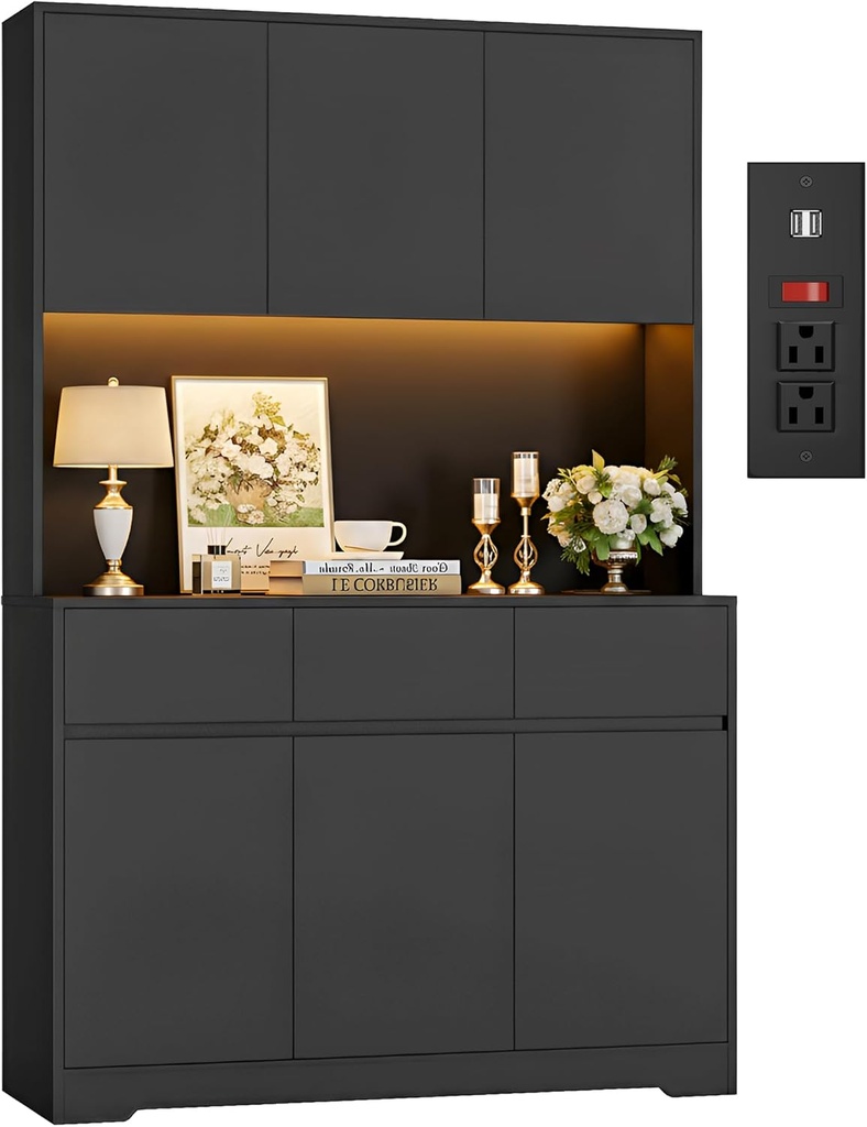 FINETONES 71" Tall Pantry Cabinet with Power Outlets and Led Lights, Large Kitchen Hutch Storage with Microwave Stand, Black Pantry Kitchen Cabinet with Cupboard