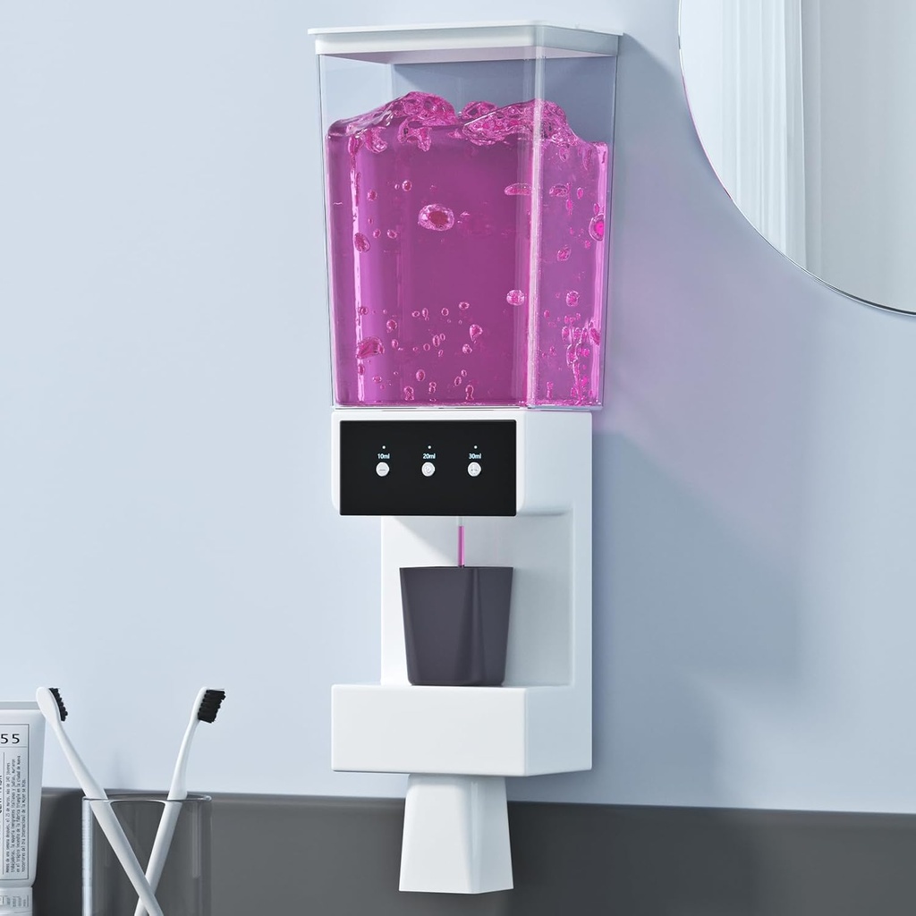 Mouthwash Dispenser for Bathroom, Bathroom Accessories 26 Fl Oz Mouthwash Dispensers with Magnetic Cups, 3 Adjustable Dispensing Levels for All Age Groups White