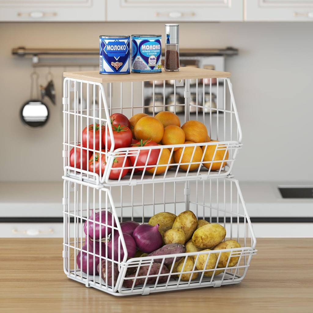 Wetheny 2 Tier Stackable Wall Mounted Wire Basket Fruit Basket with Wood Lid - Kitchen Pantry Organization and Storage, Hanging Storage Basket for fruits, Onion, Potato, Produce, Vegetable (White)