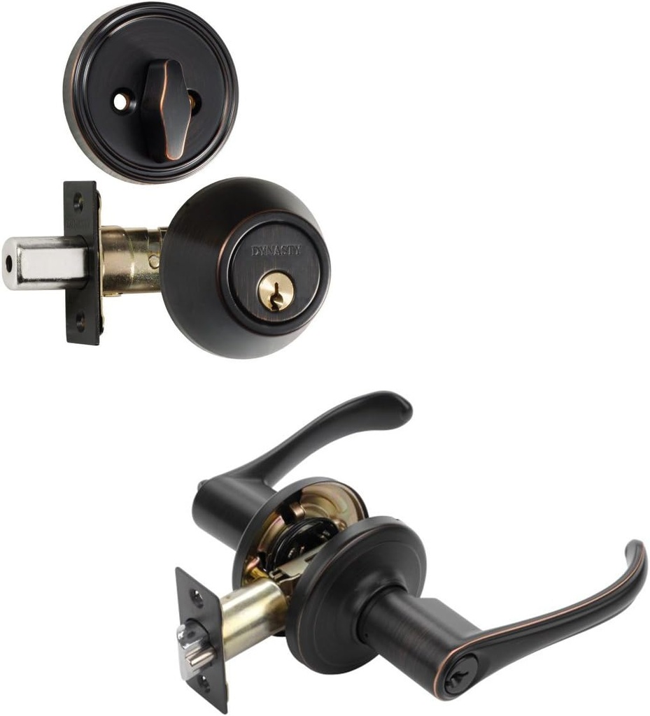 Dynasty Hardware V-CP-VAI-12P, Vail Front Door Entry Lever Lockset and Single Cylinder Deadbolt Combination Set, Aged Oil Rubbed Bronze