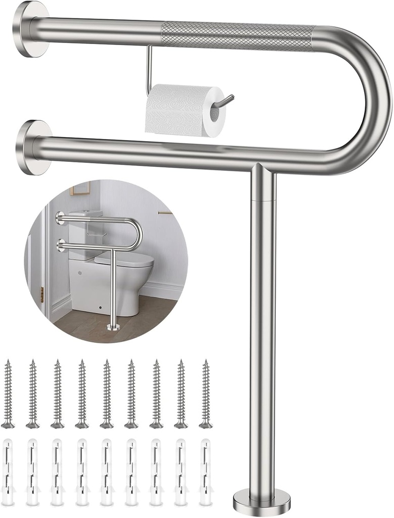 Toilet Grab Bar with Leg 24x28 Inch, ZUEXT Brushed Nickel Knurled Toilet Support Bar with Toilet Paper Holder, Stainless Steel Wall & Floor Mounted Bathroom Support Rail for Elderly Disabled Pregnant
