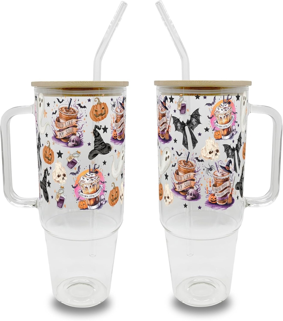 Sip-Sip Hooray! 40oz Halloween Glass Tumbler With Lid Handle And Straw, Cute Spooky Season Iced Coffee Party Favor, Custom Drinkware Aesthetic Tumbler Mug (Halloween Fall Coffees)
