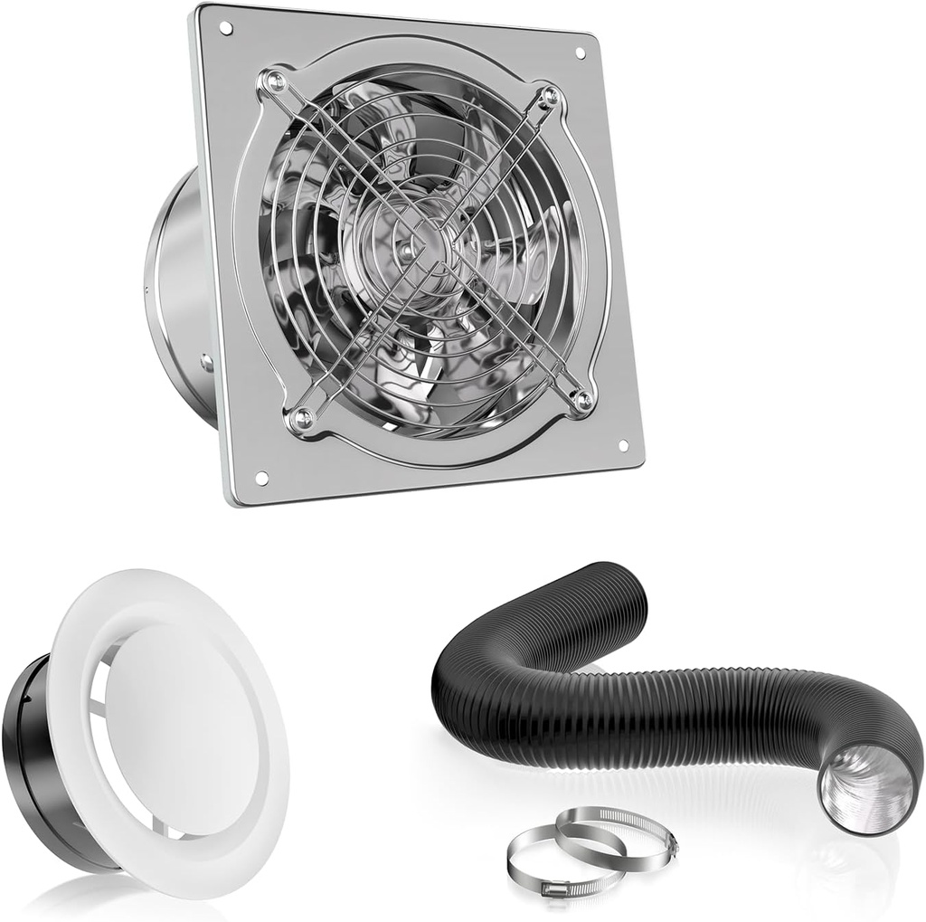 HG Power 6 Inch Exhasut Fan Kit - Metal Exhaust Fan, Round Vent Cover, 116-feet Flexible Air Ducting for Kitchen, Garage, Basement, Chicken Coop, Workshop, Greenhouse Ventilation Use
