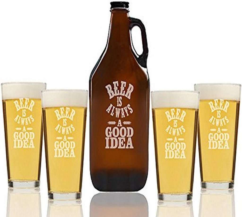 "Beer Is Always A Good Idea" Beer Amber Growler & pint Glasses, Set of 5