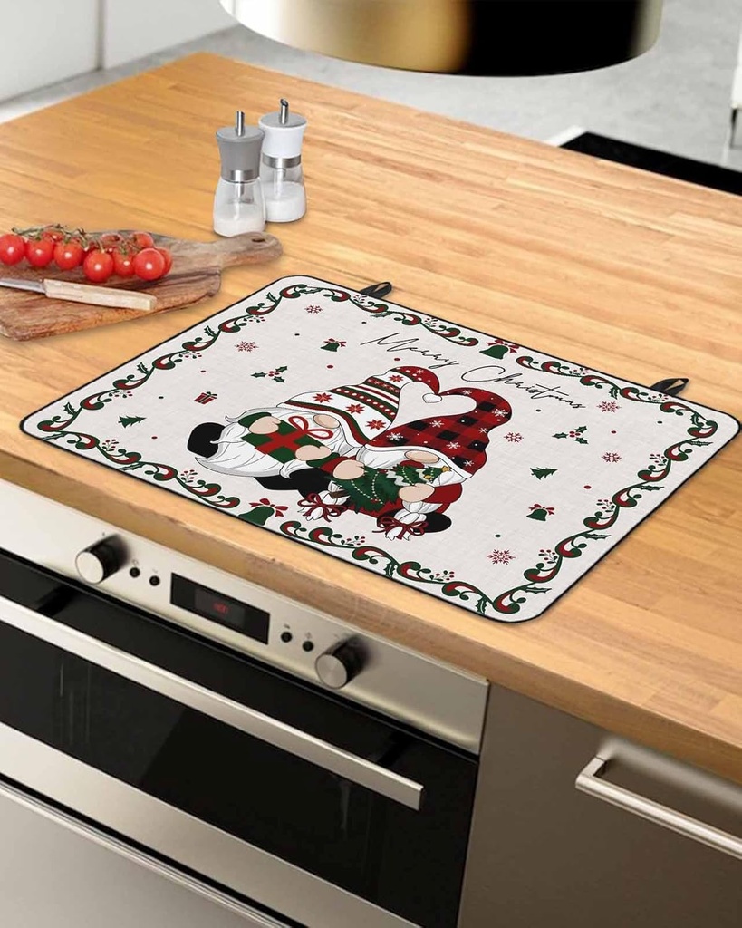 Christmas Countertop Burners Protection Mats for Kitchen, Winter Gnome Linen Texture Rubber Stove Top Cover Mat, Heat Proof Mats Cooktop Cover for Counter Dish Drying Mat, 36"x21"