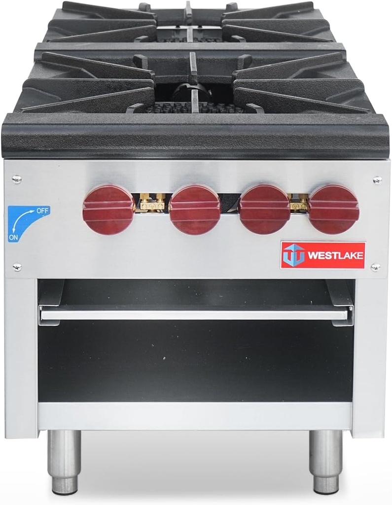 WESTLAKE Commercial Gas Stock Pot Range, 2 Burners Natural Gas and Propane Stove with 80000 X 2 BTU, 18" W Countertop Cooking Stove Range Commercial Stainless Steel Gas Stock Pot for Restaurant