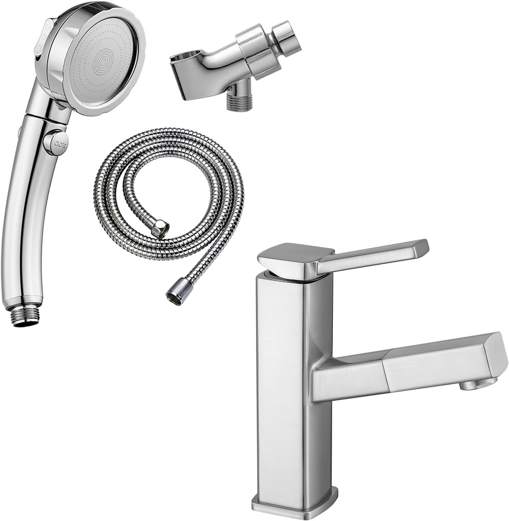 KAIYING High Pressure Handheld Shower Head with ON/OFF Pause Switch(Chrome) & KAIYING Single Hole Bathroom Sink Faucet with Pull Out Sprayer(Regular, Chrome)