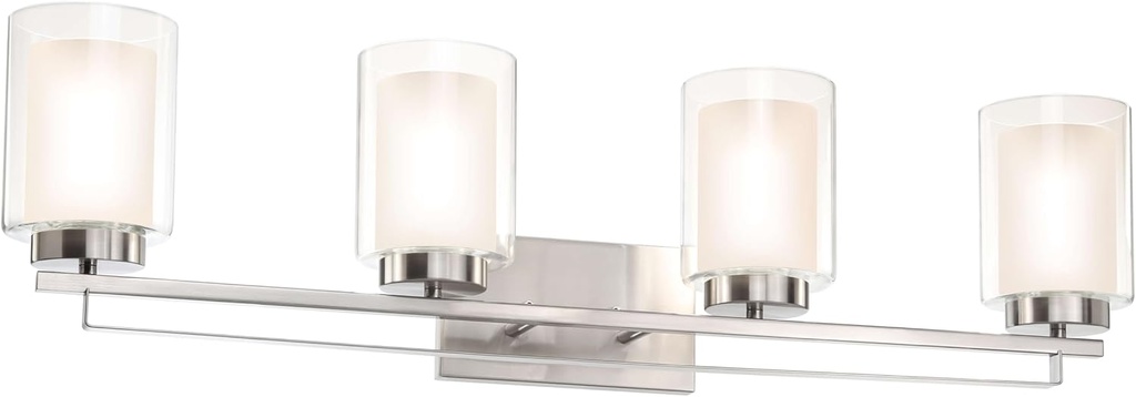 XiNBEi Lighting Wall Light 4 Light Bathroom Vanity Lighting with Dual Glass Shade in Brushed Nickel Indoor Modern Wall Mount Light for Bathroom & Kitchen XB-W1195-4-BN