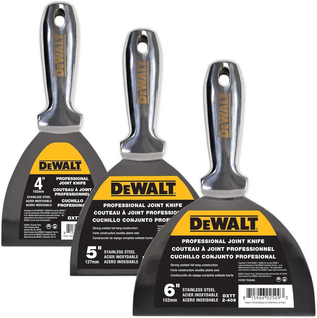 DEWALT All Stainless Steel Joint Knife 3-Pack | One-Piece Premium Polished Metal Putty Blade | 3-450