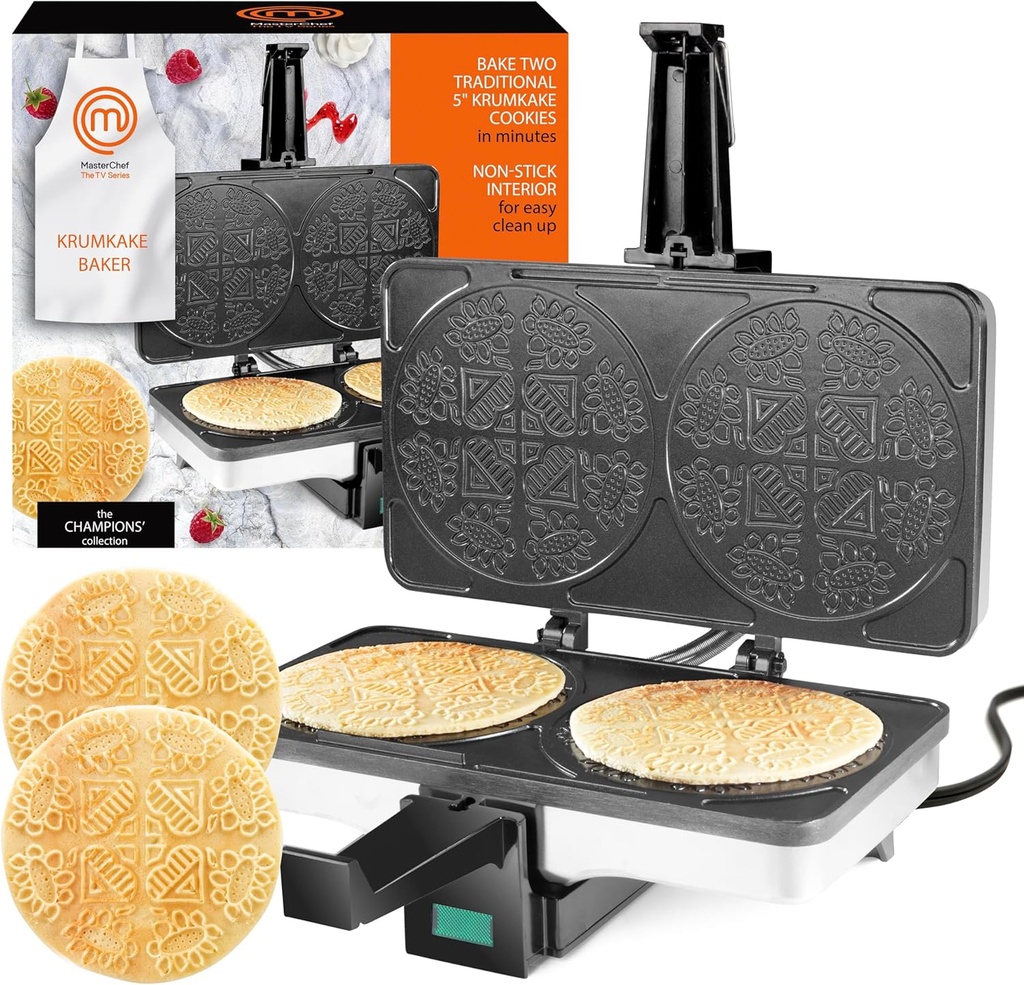 MasterChef Krumkake Baker-Make 2 Homemade Pizzelle Like Cookies, Great for Cannoli Filling & Waffle Cones, Fun Nonstick Electric Iron Press Kitchen Appliance-Homemade Holiday Treats or Christmas Gift