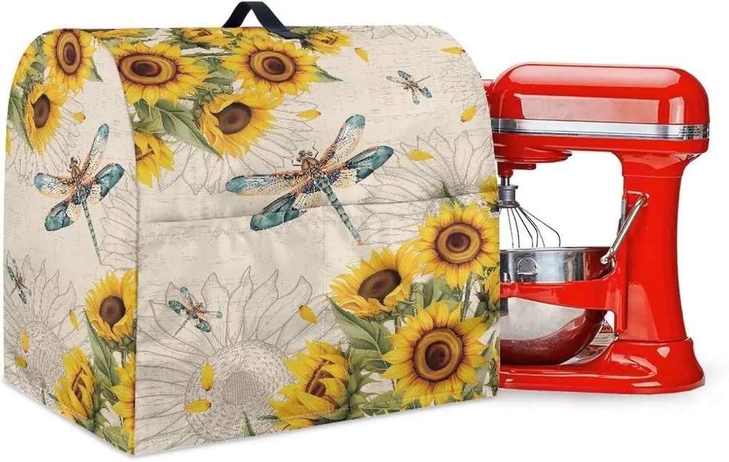 Talayituse Dragonfly Sunflower Print Kitchen Aid Mixer Cover, Stand Mixer Cover Compatible with 4.5-5 Quart Kitchenaid/Hamilton Stand Mixer, Kitchen Aid Mixer Accessories Dust Cover with Pockets, S