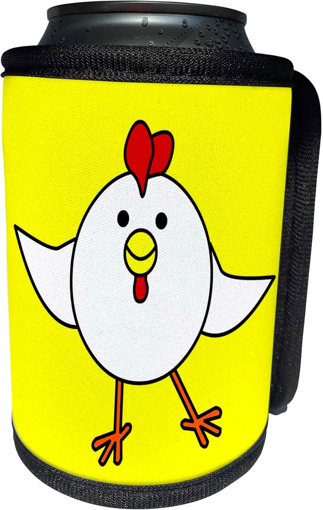 Can Cooler Bottle Wrap - Cute White Chicken Dance with Yellow Background Designs Farm Animals