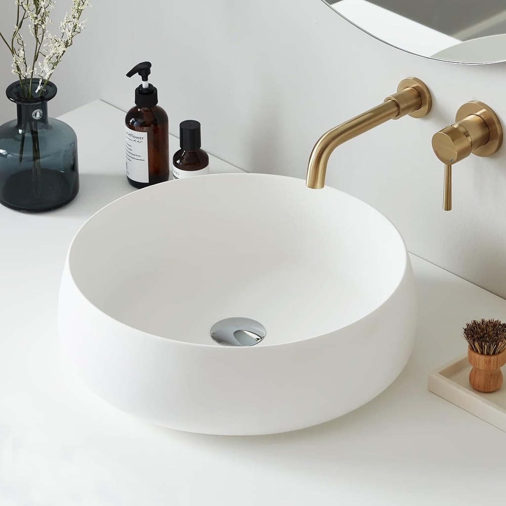 Cpingao Bathroom Sink Matte White Stone Resin 17.7'' Round Bathroom Vessel Sink, Above Counter Vessel Sink Basin with Pop-up Drain (White)