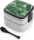 Green Foliage Botanical Bento Box Leak-Proof Double Layered Lunch Containers with Spoons And Invisible Handle, Portable Lunch Boxes for Work Picnic Travel