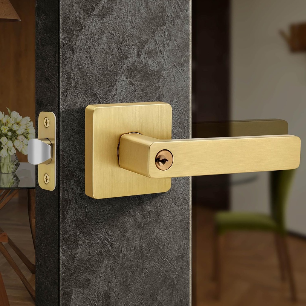 Moquin Brushed Gold Heavy Duty Entry Door Lever with Keys, Square Gold Keyed Interior/Exterior Door Lever with Lock, Satin Brass Finish Handle for Front/Entrance Door Lock