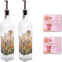 Topadorn 17 oz Olive Oil Dispenser Bottle Set for Kitchen, 2 Pcs Glass Oil Dispenser Bottle with Stainless Steel Pourers, 2 Packs of Napkins, Flower and Bird House