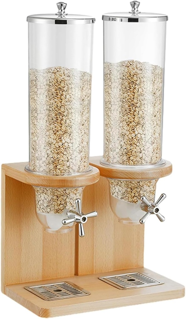3.5L/7L/10.5L Dry Food Dispenser, Triple Heads Cereal Dispenser Countertop Cereal Containers Storage Dispenser with PC Barrel and Wood Base for Rice, Candy, Bean, Nuts (A Double head)