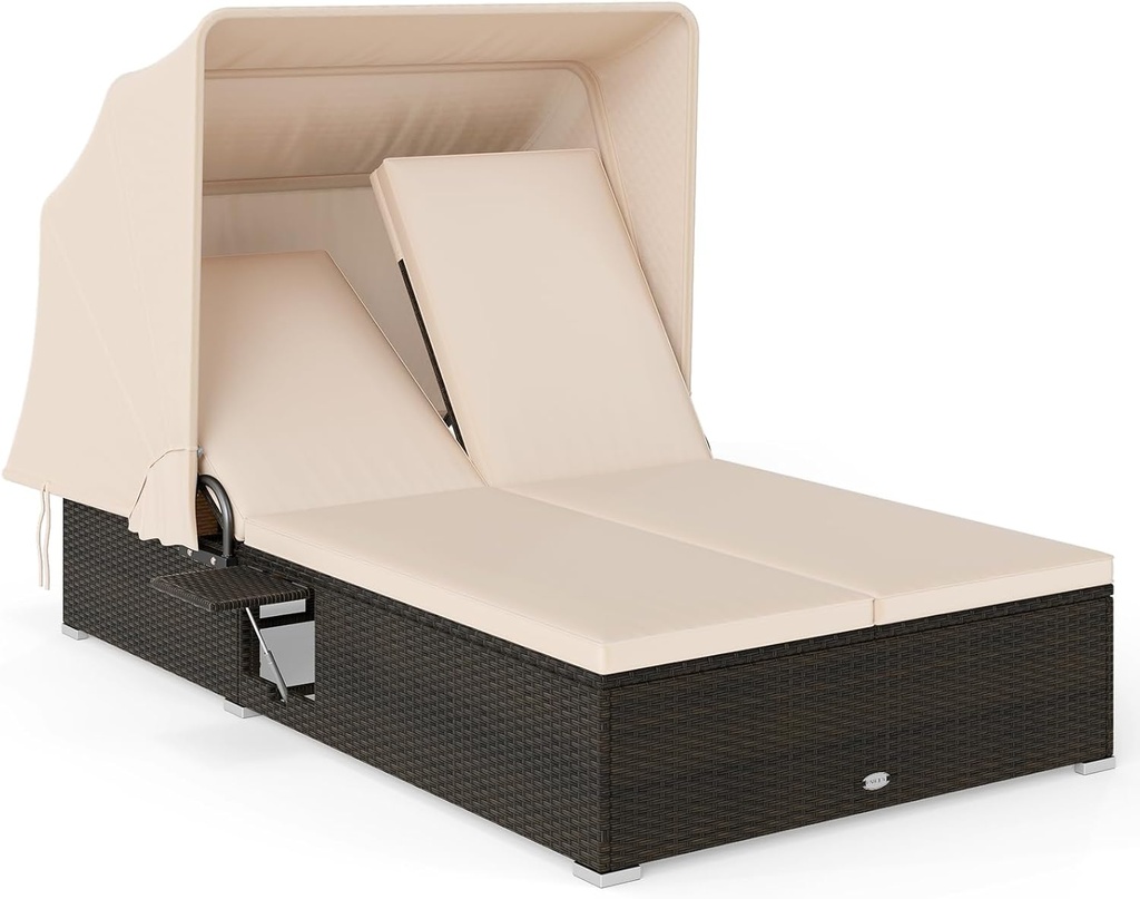 Tangkula Patio Double Chaise Lounge with Shade, Patiojoy 6-Level Adjustable Wicker Recliner Bed with Cushions & Folding Side Trays, Rattan Loveseat Lounger with Canopy for Backyard