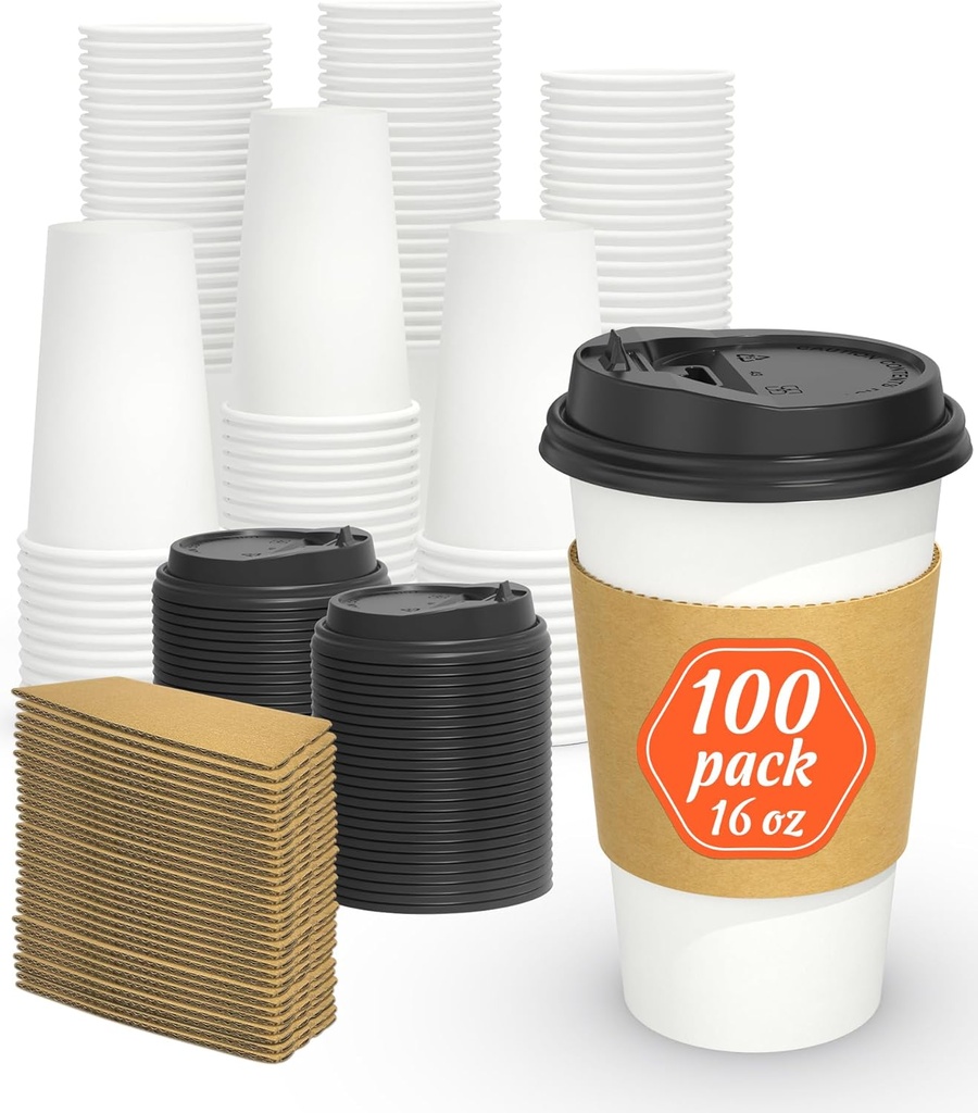 100 Pack 16 oz Disposable Coffee Cups with Lids and Sleeves, Sturdy Thick Paper & Leak-free Insulated to Go Paper Hot Coffee Cups for Hot & Cold Beverage