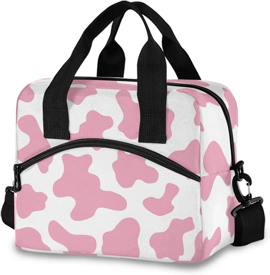 OREZI Insulated Lunch Tote Bag for Adult Men Women,Pink Cow Print Camo Camoflage Kid's School Lunchbox with Detachable Shoulder Strap for School Office Fishing
