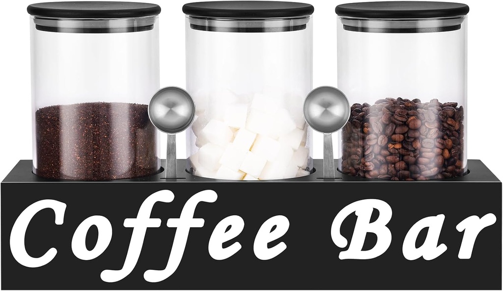 ZOMUIA Glass Coffee Containers Airtight Coffee Bean Storage Jars with Shelf, 3Pcs 44oz Coffee Station Organizer Coffee Canisters, Kitchen Food Storage Jars for Sugar, Candy, Oats, Nuts (BLACK)
