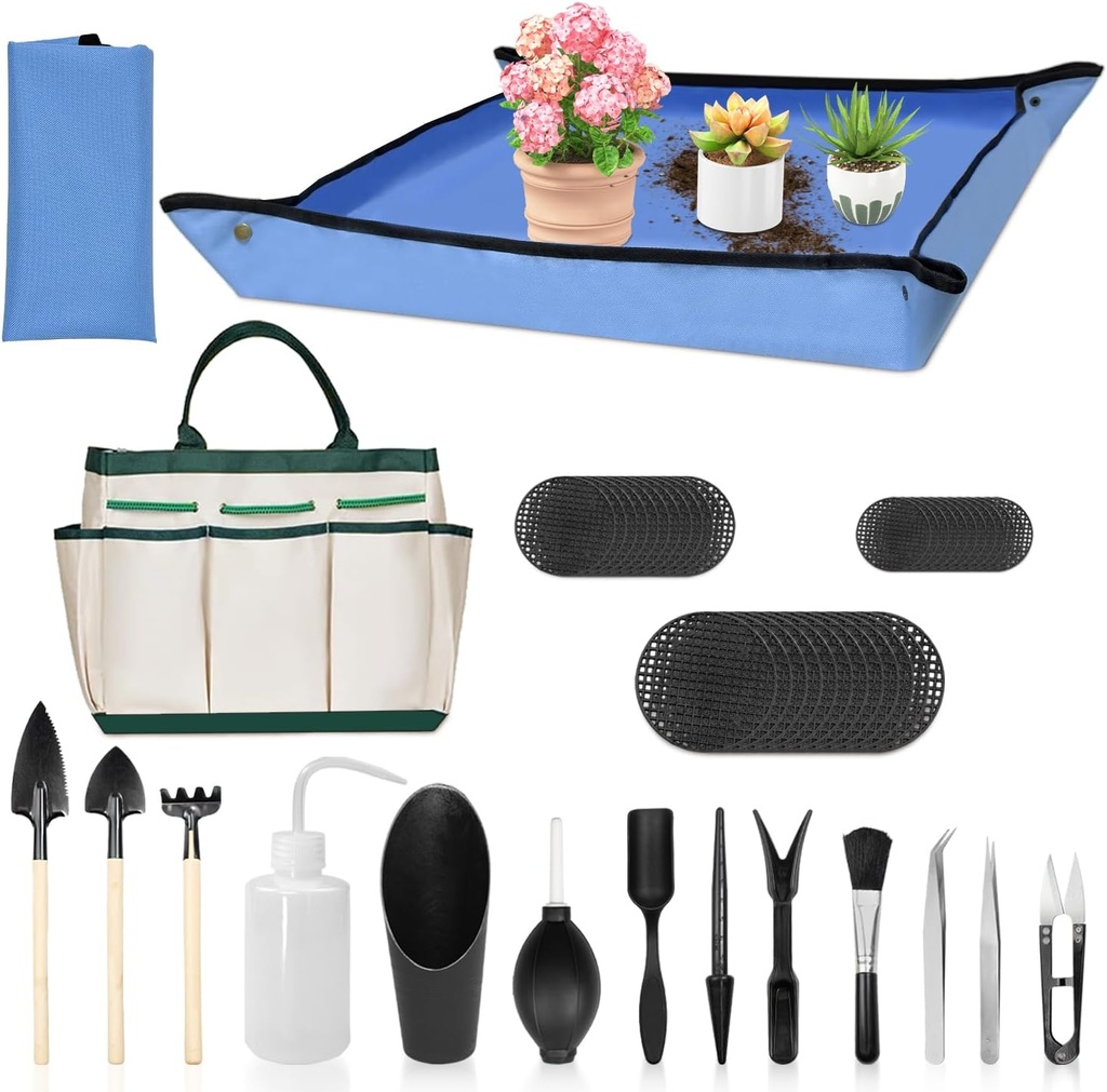 LASZOLA 45 pcs Repotting Set with Potting Mat Tiny Tools for Indoor Plants Succulents, Gardening Bag Kit with Waterproof Tray and Mini Tools, Ideal for Soil Replacement Seedling Transplanting, Blue