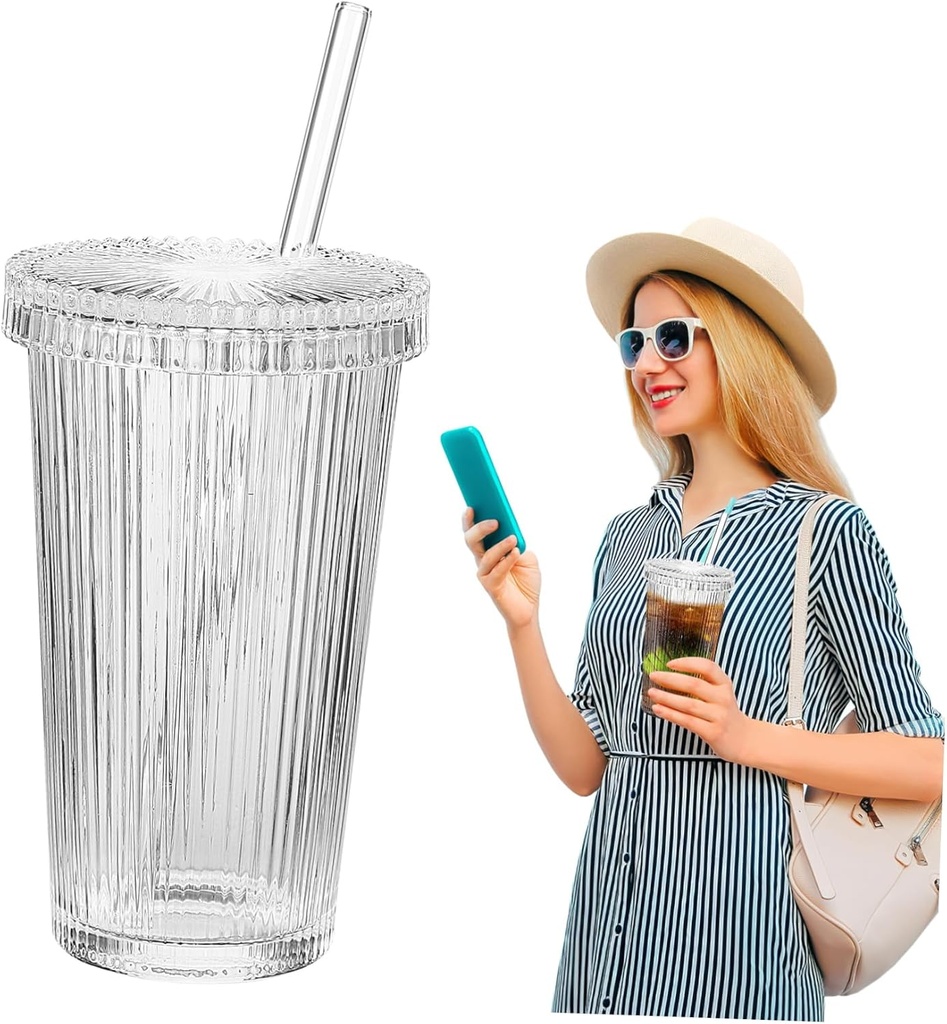 ABOOFAN Reusable Vertical Stripe Glass Cup with Lid and Straw Stylish Matcha Tea Drinking Tumbler for Adults Leak Resistant Reusable Cup for Water Coffee Iced Beverages