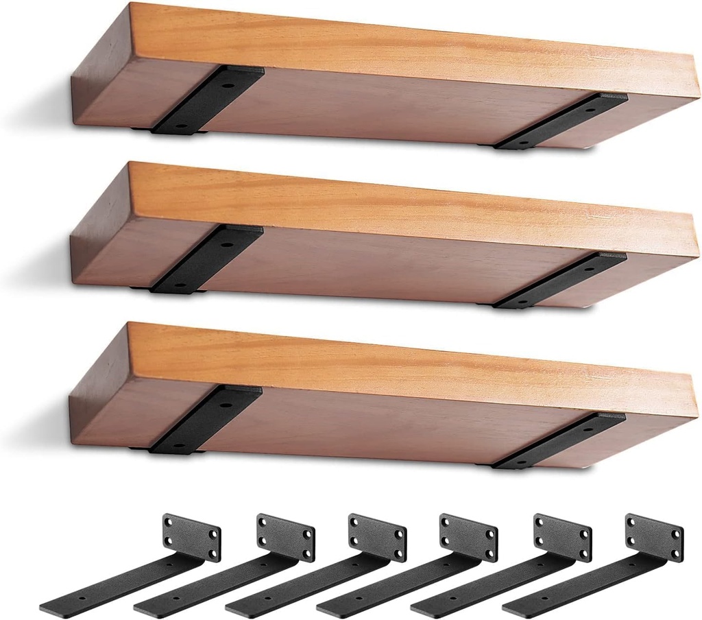 6 Pack Heavy Duty Shelf Brackets 8 inch, Floating Shelf Brackets(1/5”-Thick), L-Shaped Wall Shelf Bracket Hidden Shelf Bracket Black（8inch-6pack）