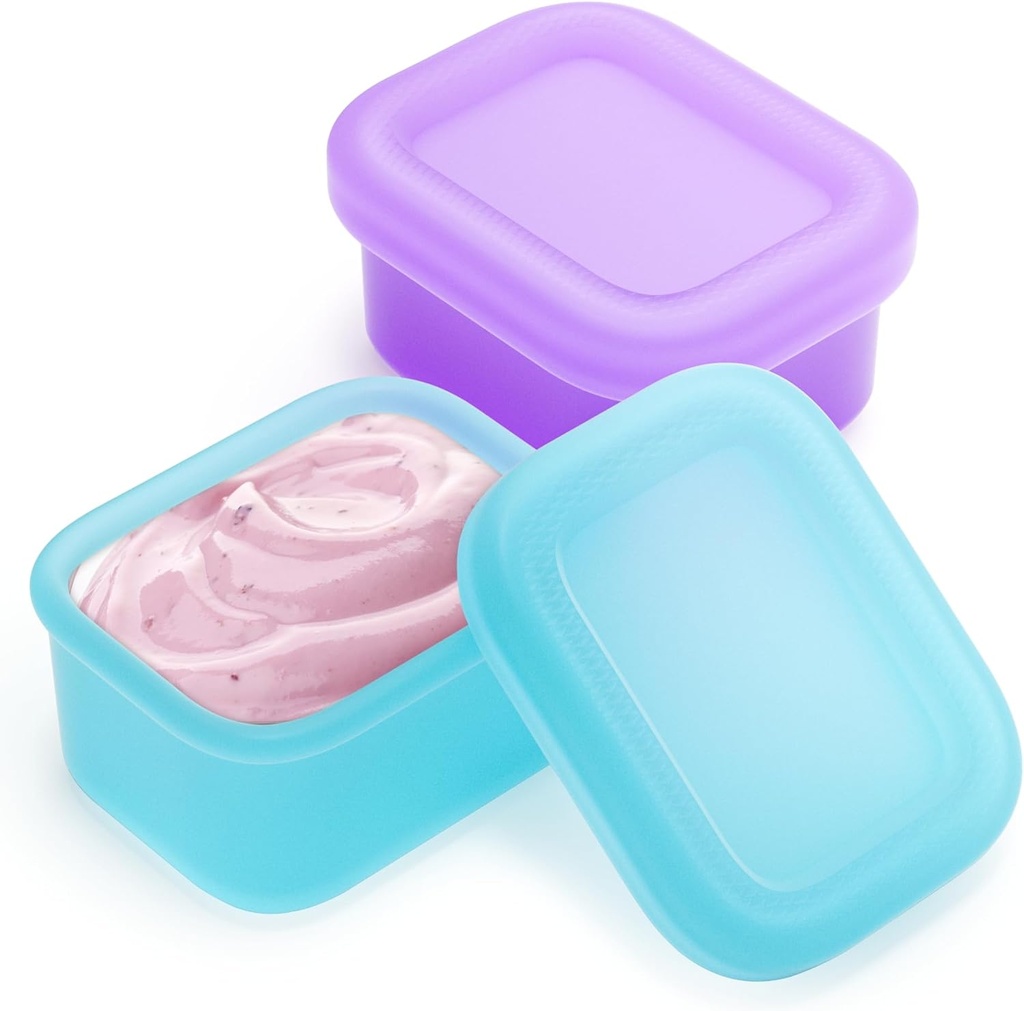 2-Pack Leak-Proof Salad Dressing Container To Go, Food Grade Silicone Sauce Containers for Bentgo Lunch Box, Reusable Condiment Cups with Lids for Small Snacks - 2.6 oz (Aqua & Lavender)