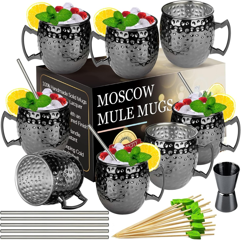LINALL Moscow Mule Mugs- Set of 8 Gunmetal Black Plated 18oz Stainless Steel Mug Double Jigger Chilled Drink Cocktail Mug (Black 8pcs)