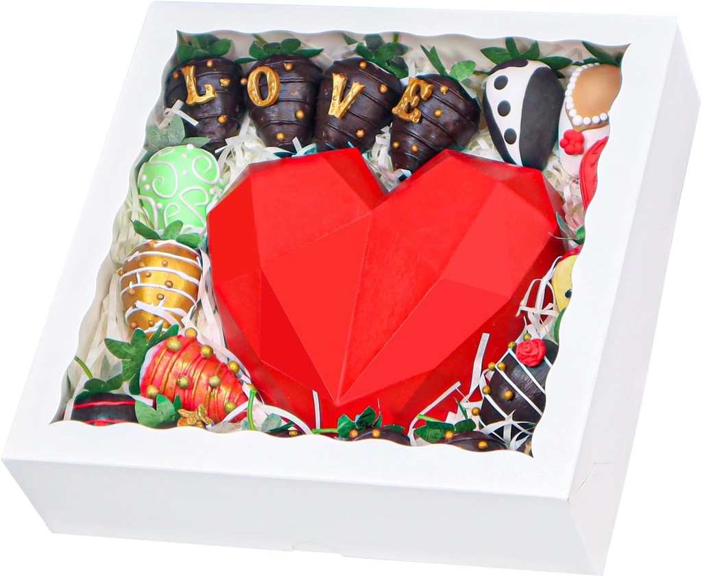 White Bakery Boxes (6pcs, 9x9x2.5 Inches) – For Valentine's & Christmas: Ideal for Cookies, Pie, Chocolate Covered Strawberries, Breakable Heart & Charcuterie